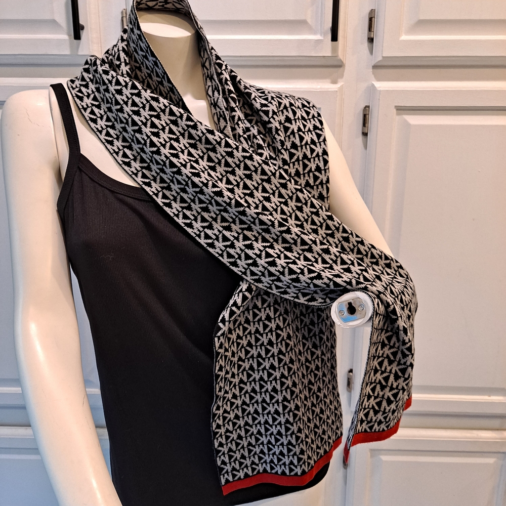 Michael Kors Unisex Black and White Monogrammed Patterned Scarf with Red Edge